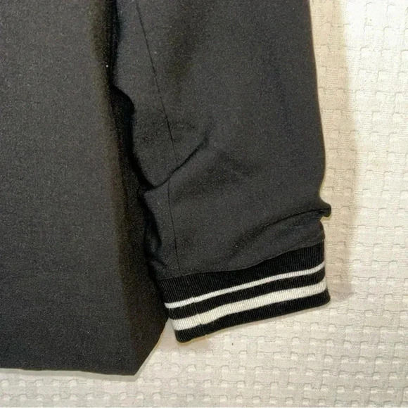 Lush Jacket Sz Small One Button Blazer Ruch Sleeves Black Stretch Stripe Collar - Picture 8 of 12